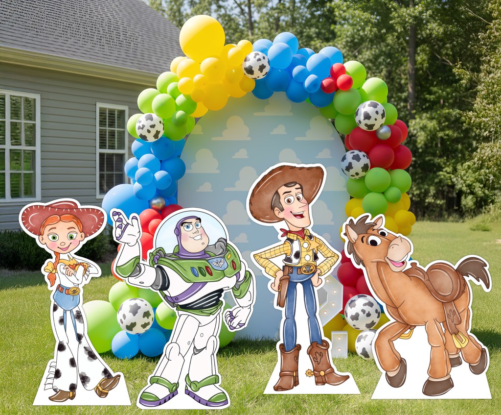 two infinity and beyond toy story character cutouts  prop backdrop